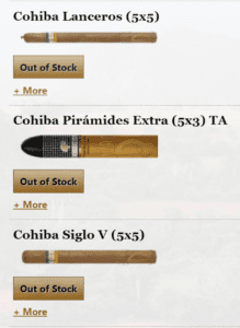 Cohiba range out of stock